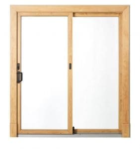 A sliding glass door on a white background.